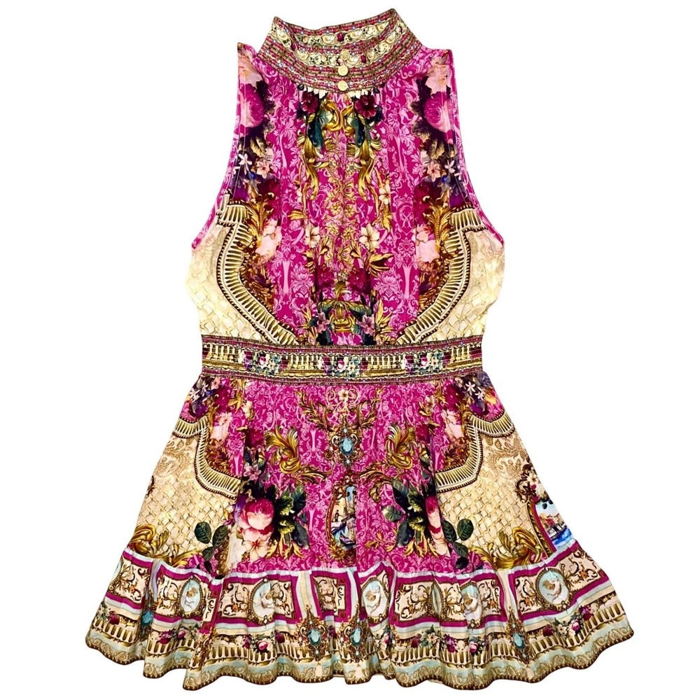 CAMILLA Silk Crepe Mini Dress 'Call of the Canal' Crystal High Neck Pockets L
